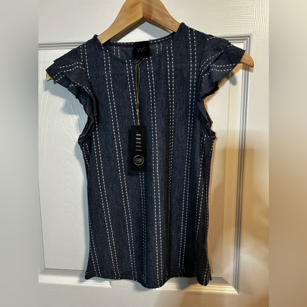 W5, ruffleed cap sleeve top, denim blue, size XS.